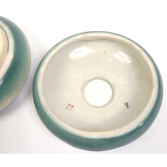 Antique Porcelain Hair Receiver Green Floral Vanity Decor 2 Piece Marked #77 - Picture 8 of 9